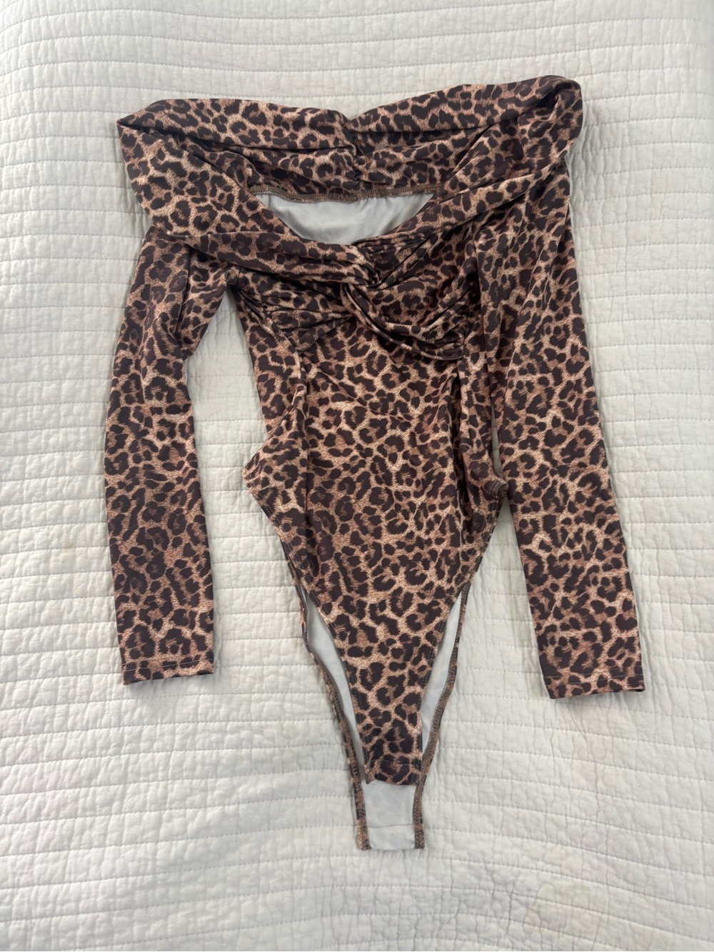 Leopard Print Long-Sleeve One-Piece Bodysuit - Brown women’s extra small